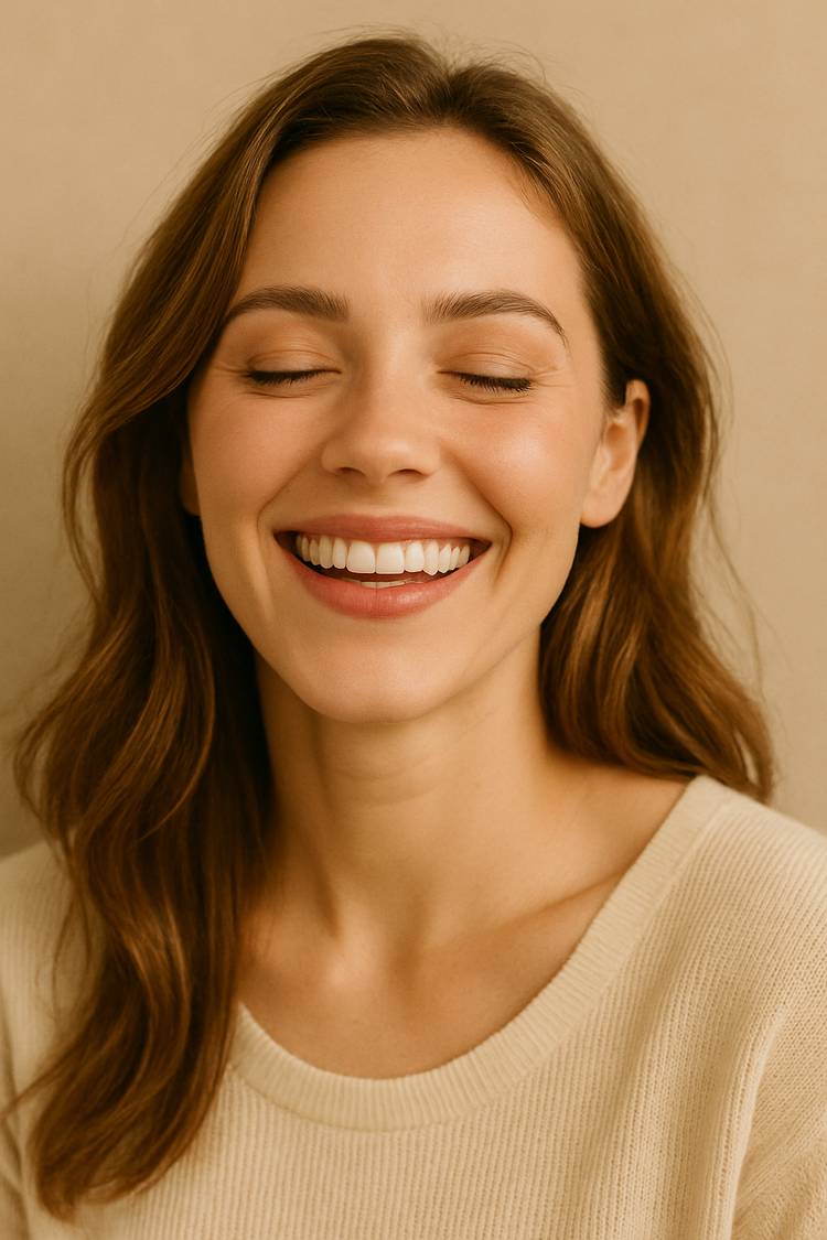 A smiling woman with clean natural makeup, light mascara and soft rosy lips, radiant skin, clean beauty makeup.