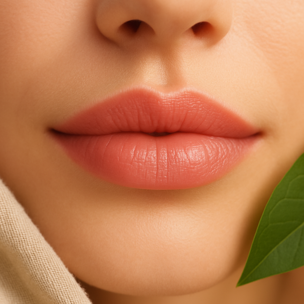 A close-up of natural lips with soft coral lipstick and subtle gloss, with beige linen and green leaf, clean lip makeup.