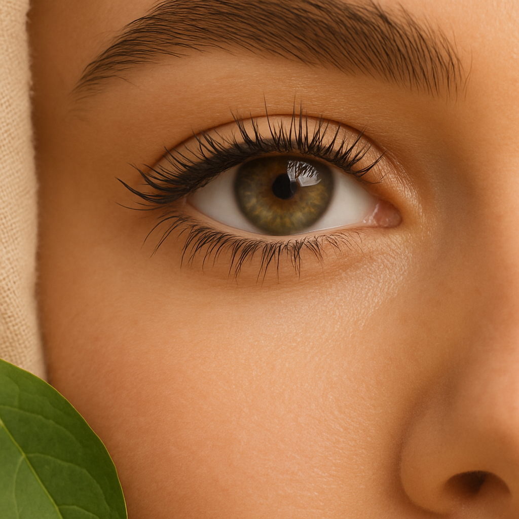 A close-up of a natural eye with long lashes and light mascara, framed by soft beige background and green leaf.