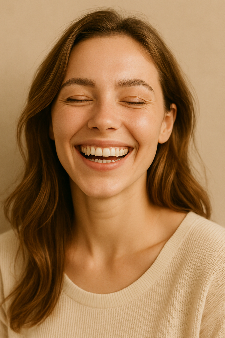 A close-up of a smiling woman with clean, natural skin and no makeup, wearing a cream sweater against a warm beige background, soft natural light.