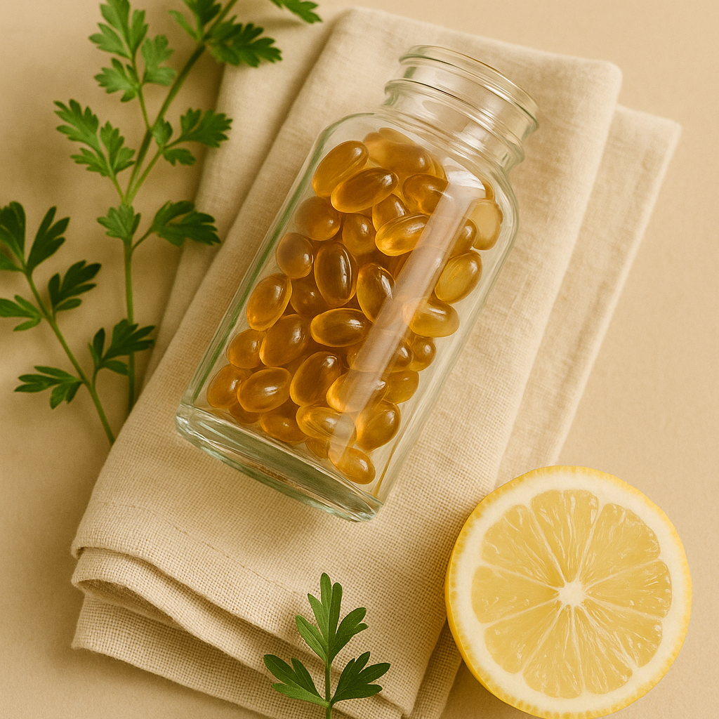 glass bottle of herbal softgel supplements on beige fabric with lemon slice and parsley – natural botanical support for stress, immunity, and balance