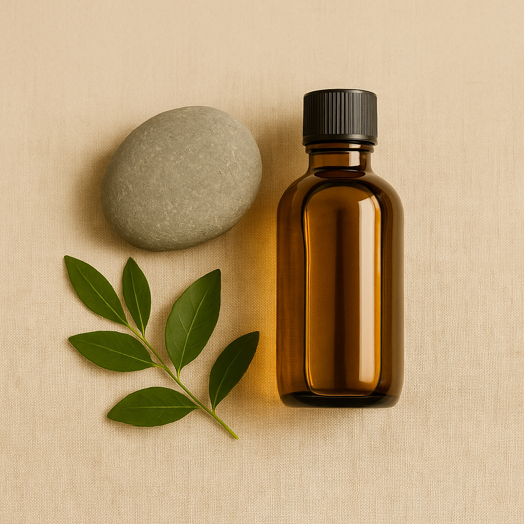 A massage oil bottle with smooth stone and green leaves on beige linen, natural body wellness and balance essentials in soft light.