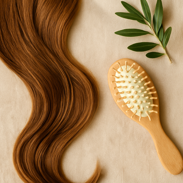 Flowing soft brown hair with wooden brush and olive leaves on beige linen, clean natural hair styling essentials in soft light.