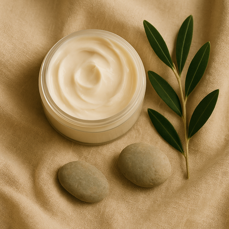 An open jar of body butter with creamy texture on beige linen with olive leaves and a stone, clean natural body nourishment in soft light.