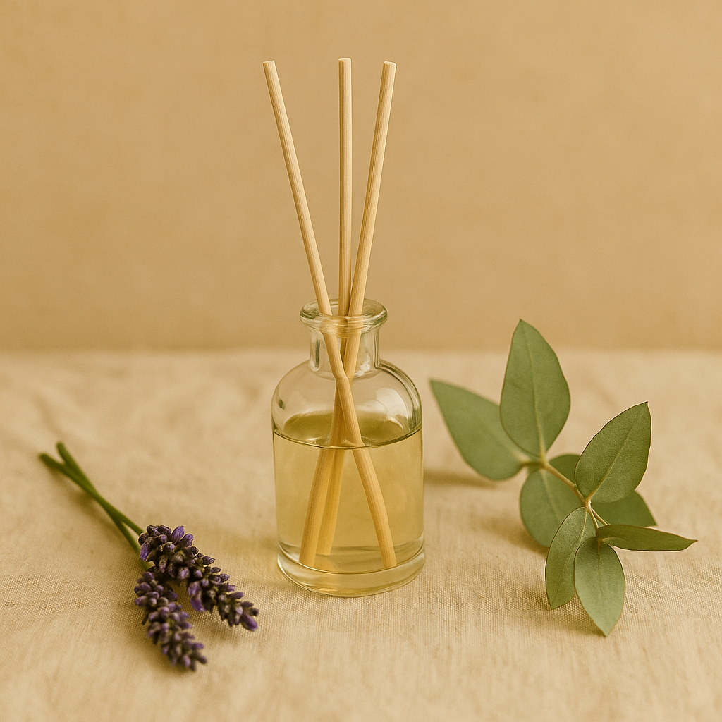 A glass diffuser bottle with reeds, lavender sprigs, and eucalyptus leaves on beige linen, clean natural body scents and mood in soft light.