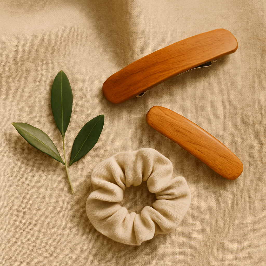 A wooden hair clip, beige linen scrunchie, and olive leaves on soft linen cloth, clean natural hair accessories in soft light.