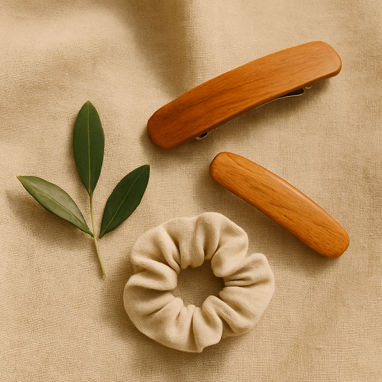 A wooden hair clip, beige linen scrunchie, and olive leaves on soft linen cloth, clean natural hair accessories in soft light.