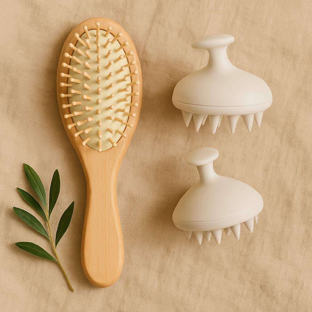A wooden hairbrush with rounded bristles, scalp massager, and olive leaves on beige linen, natural hair tools in soft light.