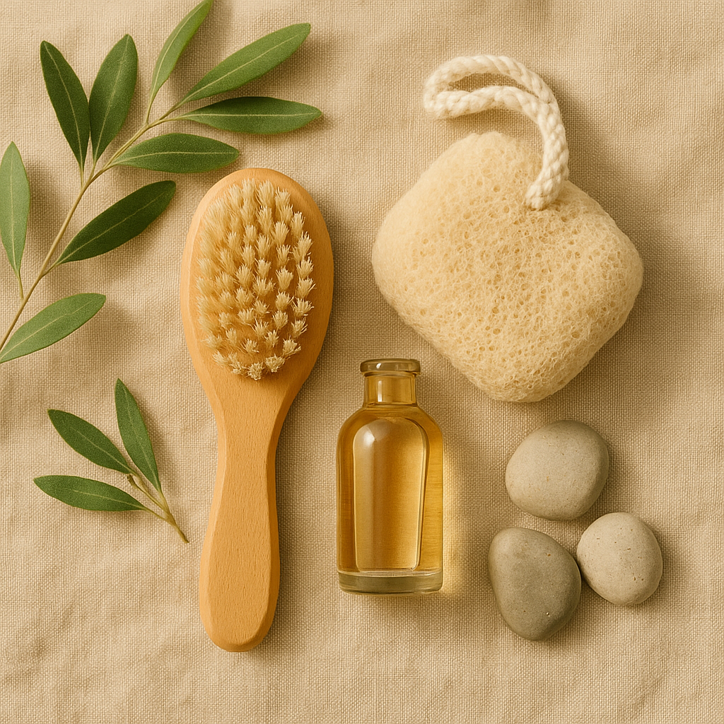 A natural wood body brush, beige bath sponge, and smooth stones with olive leaves on soft linen, clean body care tools in natural light.