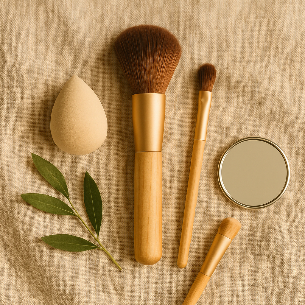 Natural wood makeup brushes, a beige sponge, and a round mirror with olive leaves on beige linen, clean beauty makeup tools in soft light.