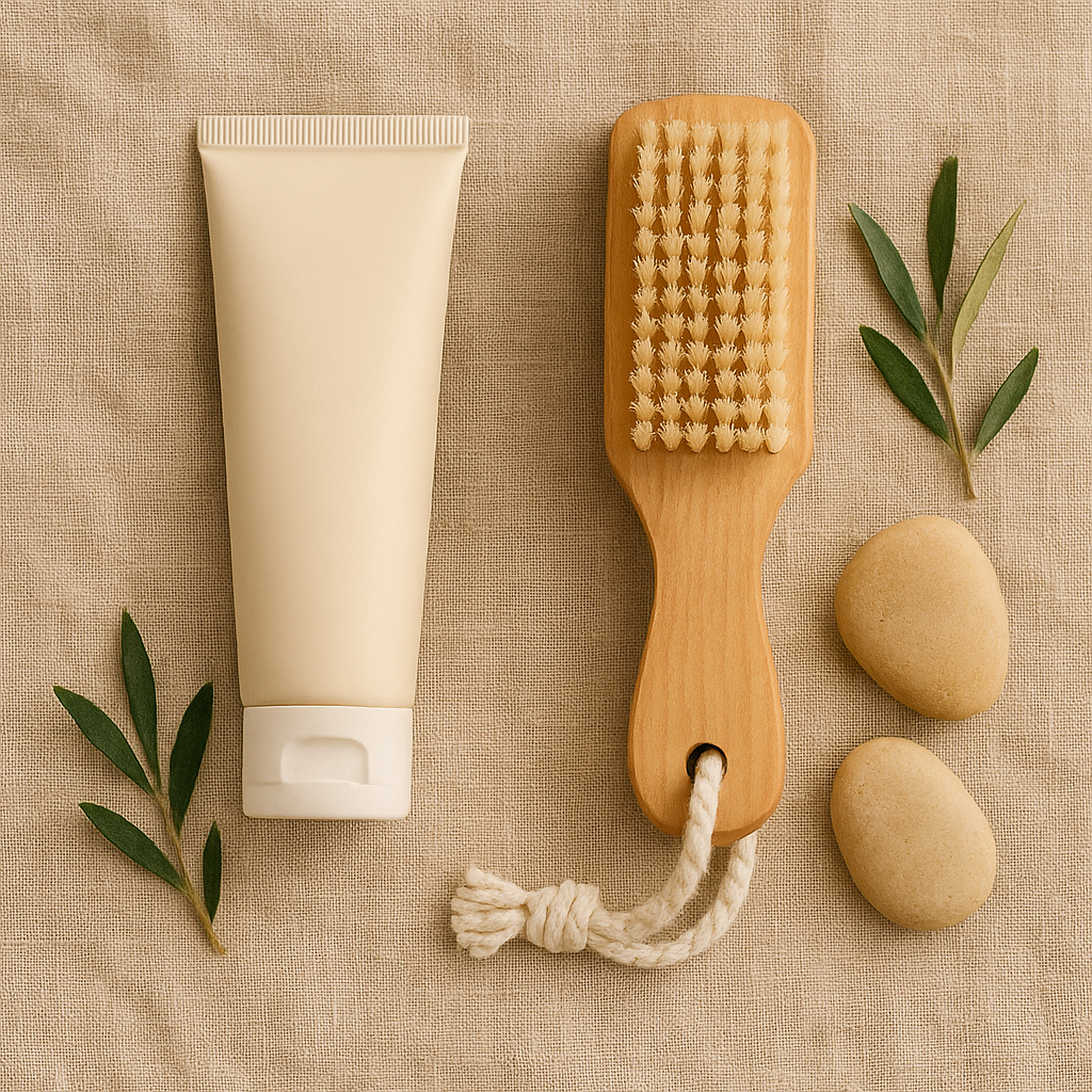 A hand cream tube, wooden foot scrub brush, smooth stones, and olive leaves on beige linen, natural gentle care for hands and feet in soft light.