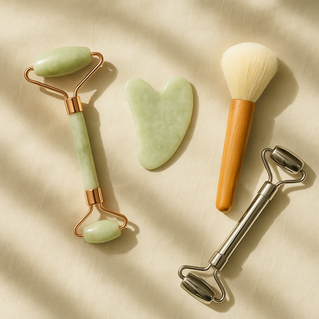 Flat lay of facial skincare tools on soft beige fabric, including a jade roller, gua sha stone, facial brush, and dual-ended metal roller, styled in natural sunlight for TRUEORA’s clean beauty ritual collection.