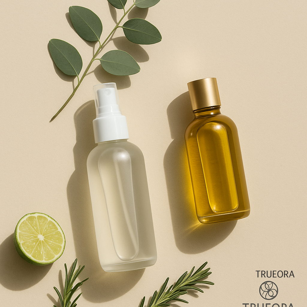 A frosted body mist bottle and amber body oil bottle arranged with rosemary, eucalyptus leaves, and lime on a warm beige background, with the TRUEORA logo in the bottom-right corner.