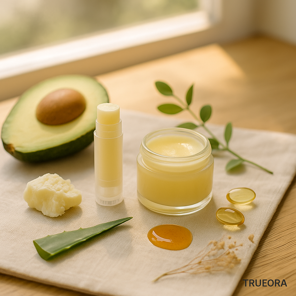 TRUEORA clean lip care products with shea butter, avocado, aloe vera, and honey, displayed in natural sunlight for sensitive skin hydration and protection