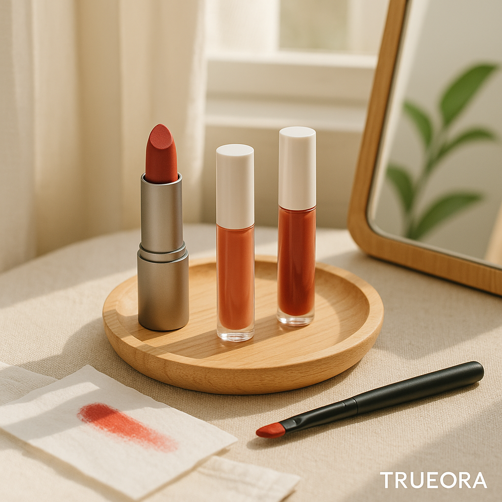 TRUEORA natural lip color products including red lipstick, peach gloss, and tint, displayed on a wooden tray in soft morning light with a clean beauty aesthetic