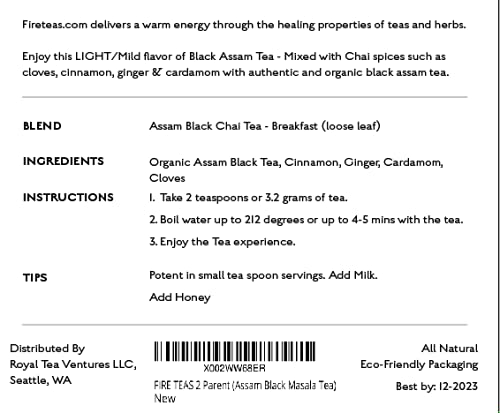 FIRE TEAS Organic Assam Breakfast Tea - Assam Black Tea, Cinnamon, Ginger, Cardamom, Cloves -