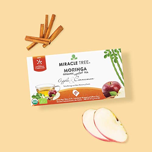 Miracle Tree - 6 Count of Organic Moringa Superfood Tea, 25 Individually Sealed Tea Bags, Apple & Cinnamon (Keto, Detox, Energy/Immunity Booster, Vegan, Gluten-Free, Organic, Non-GMO, Caffeine-Free)