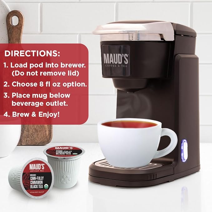 Maud's Cinnamon Organic Black Tea Pods, 22 ct, Recyclable Single Serve Tea Pods – 100% Gourmet Blended Tea Leaves, Compatible with Keurig K Cups Maker