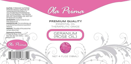 Ola Prima Rose Geranium Essential Oil - Premium Grade for Aromatherapy, Diffuser, Candle & Soap Making, Dropper - 4 fl oz - Rose Geranium - Rose Oil for Candle Making