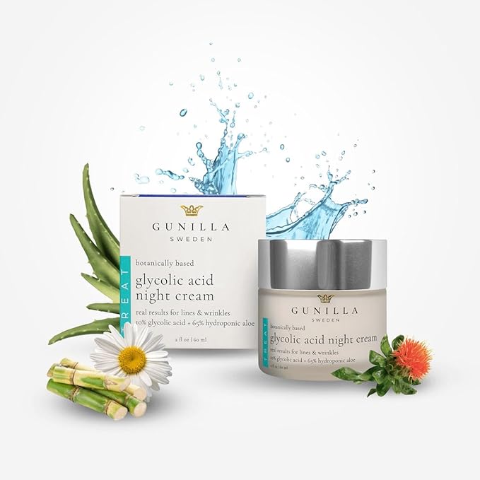 GUNILLA Glycolic Acid Night Cream - Refine, Resurface & Reduce Fine Lines, Wrinkles, Dark Spots, Congested Pores While Brightening Complexion. Gentle - Natural - Vegan (2 oz)