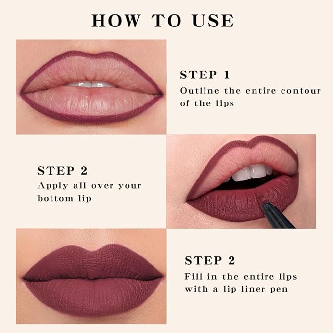 evpct Longwear Liquid Lip Liner Stain Marker Pen Long Lasting Waterproof, Wine Red Plum Matte Semi Permanent 24 Hour Lip Liner and Lipstick Combo Korean Color Stay Lipliner All Day Lips Stain peel off