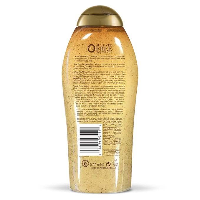 OGX Smoothing + Coconut Coffee Exfoliating Body Scrub with Arabica Coffee & Coconut Oil, Moisturizing Body Wash for Dry Skin, Paraben-Free with Sulfate-Free Surfactants, 19.5 Fl Oz