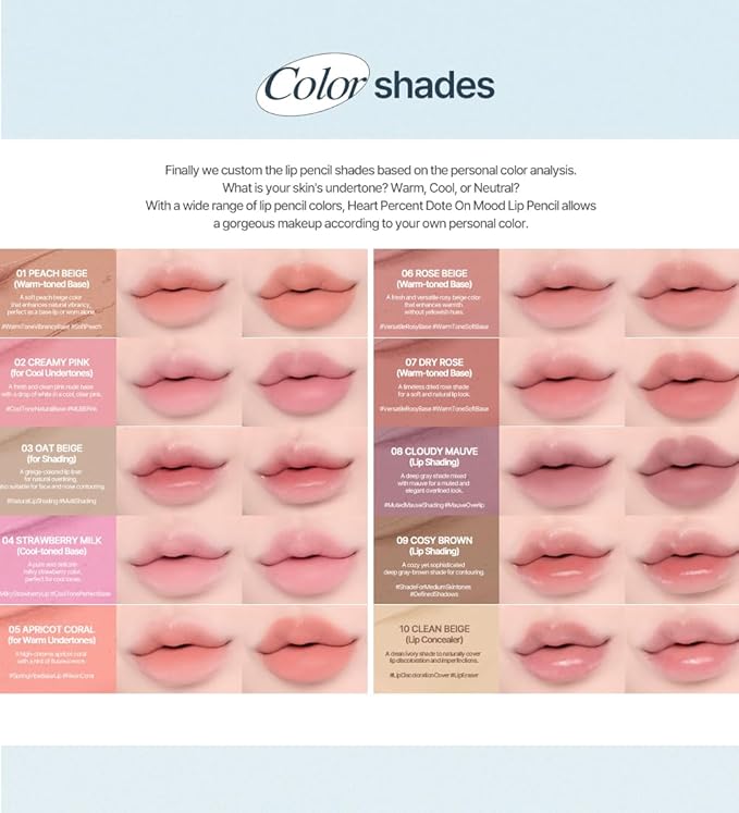 Heart Percent Dote On Mood Lip Pencil, Long-Lasting Creamy Lip Crayon Smooth Color Liner Retractable Lipstick Pencil 0.8g, 20. Salmon Beige