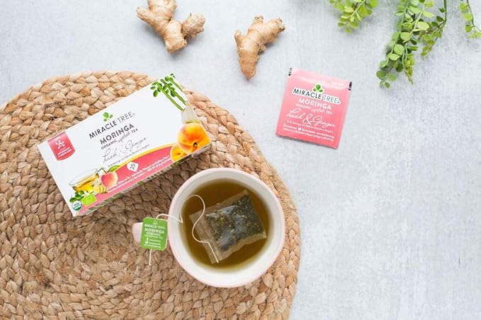 Miracle Tree - 3 Count of Organic Moringa Superfood Tea, 25 Individually Sealed Tea Bags, Peach & Ginger (Keto, Detox, Energy/Immunity Booster, Vegan, Gluten-Free, Organic, Non-GMO, Caffeine-Free)
