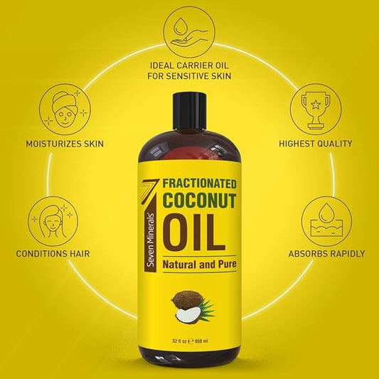 Seven Minerals, Pure Fractionated Coconut Oil - Big 32 fl oz Bottle - Non-GMO, 100% Natural, Lightweight Massage Oil for Massage Therapy on Skin, Hair, More - Perfect Carrier Oil for Essential Oils