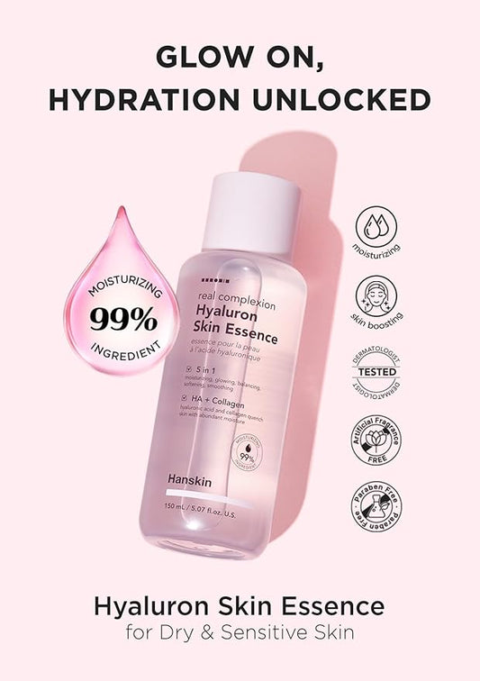 Hanskin Real Complexion Hyaluronic Skin Essence, Hydrating Toner for Dry, Dull, Sensitive Skin - Hyaluronic Acid Collagen Moisturizing Purifying Paraben-Free Korean Skincare for Face [5.07 fl. oz.]