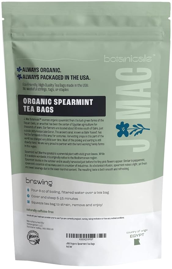 J MAC BOTANICALS Organic Spearmint Tea (50 Teabags), USDA Certified