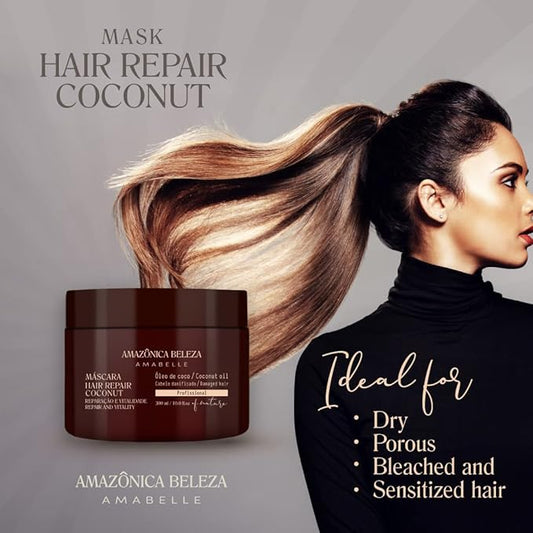 AMAZONICA BELEZA Coconut Hair Mask, Repairs Damaged Hair and Restores Hair Proteins for Healthy, Vital Hair, with Coconut Oil, Sulfate & Parabens Free, Professional Line, 10 Oz