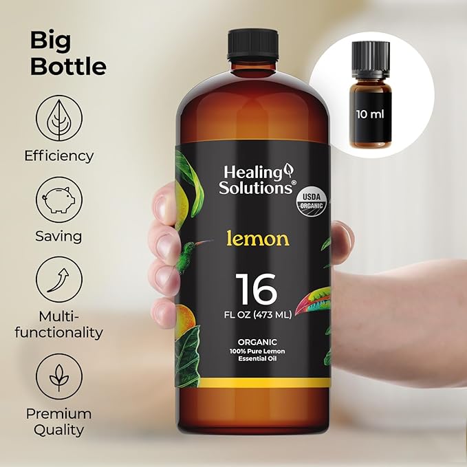 Healing Solutions Organic Lemon Diffuser Oil, Lemon Essential Oil Bulk, 16 oz - Large Bottle for Candle Making and Household Cleaning