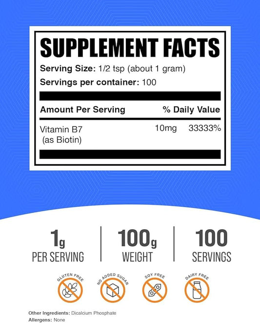 BulkSupplements.com Biotin 10000mcg Powder - Biotin Powder, Biotin Supplement, Biotin Vitamins for Hair Skin and Nails - Gluten Free, 1000mg per Serving (10mg Biotin), 100g (3.5 oz)