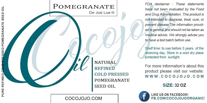 cocojojo Pomegranate Oil Pure Seed Oil Cold Pressed 32 oz Refined Skin Hair Nails Cuticles