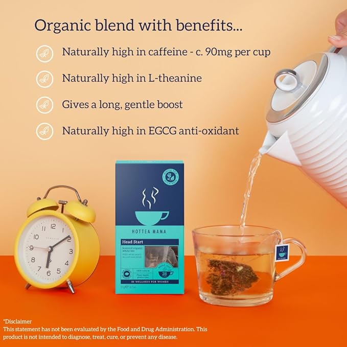 HOTTEA MAMA Head Start an Organic White Tea and Rose herbal blend | A Slow Release Caffeine Blend a l-theanine tea | Supporting Alertness & Brain fog | 14 Pyramid Sachets per box