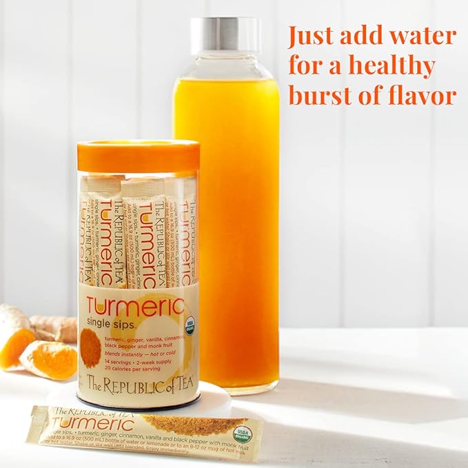 The Republic of Tea Organic Turmeric Single Sips, Instant Turmeric Herbal Tea (14 Single-Serve Packets)