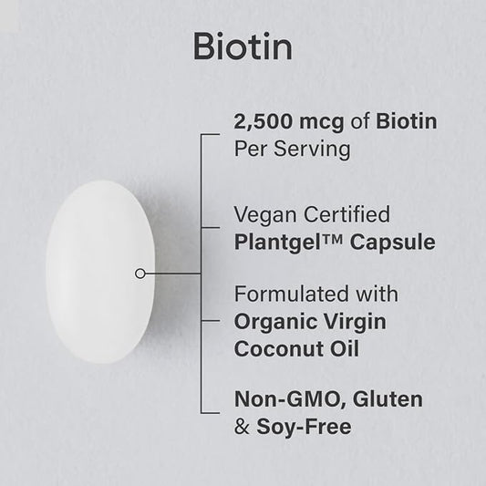 Sports Research Extra Strength Vegan Biotin (Vitamin B) Supplement with Organic Coconut Oil - Supports Keratin for Healthier Hair & Skin - Great for Women & Men - 2,500mcg, 120 Veggie Softgel Capsules