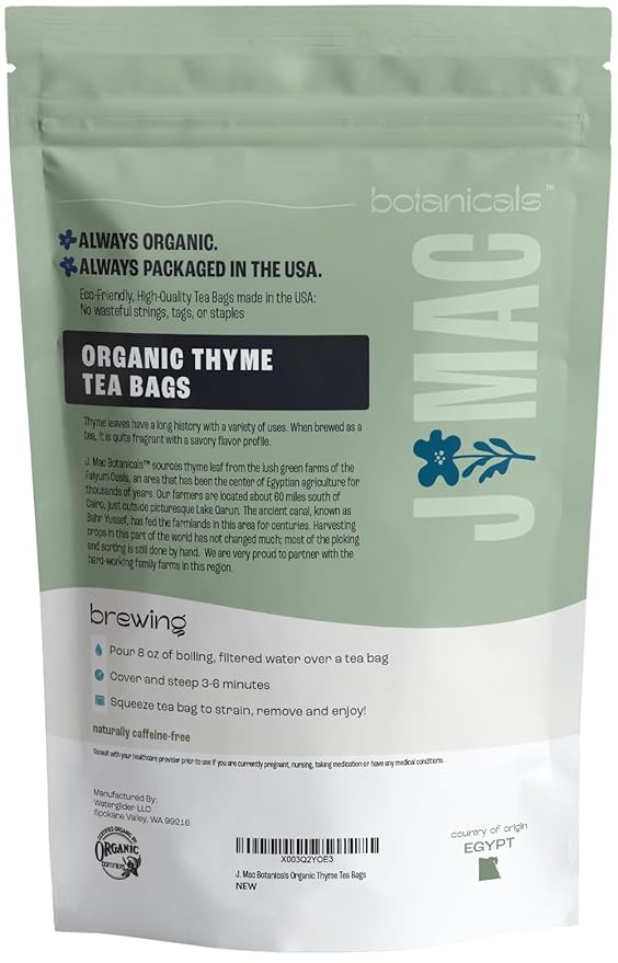 J Mac Botanicals, Certified Organic Thyme Leaf Tea (100 Tea Bags) - Certified by Organic Certifiers, Inc. - Quality Tea From Nile Valley, Egypt, Packaged in the USA