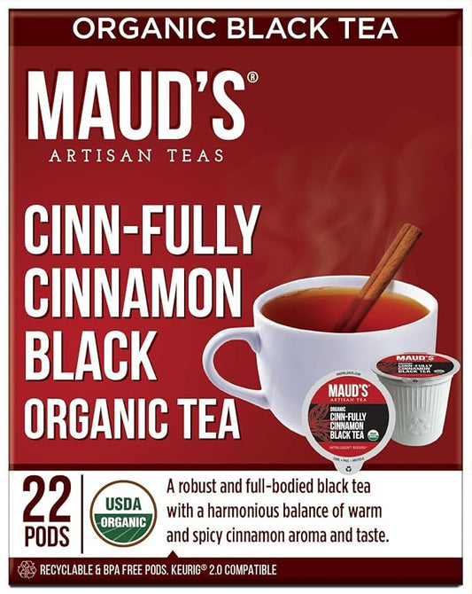 Maud's Cinnamon Organic Black Tea Pods, 22 ct, Recyclable Single Serve Tea Pods – 100% Gourmet Blended Tea Leaves, Compatible with Keurig K Cups Maker