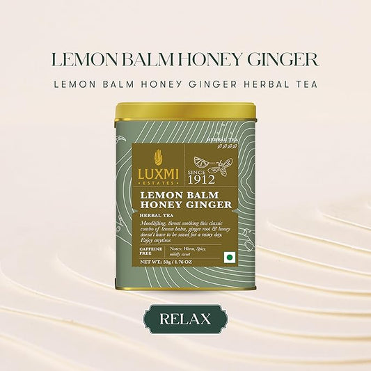 Luxmi Estates - Lemon Balm Honey Ginger - 50g (25 cups) | Organic Lemon Balm Tea with Honey and Ginger Root | Great for Soar Throat, Immunity and Stress Relief