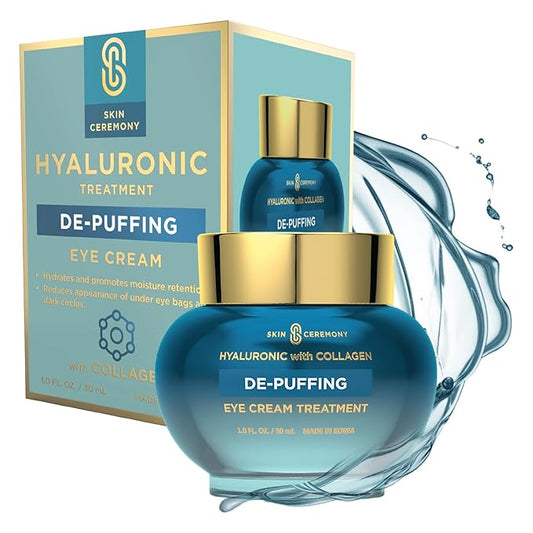 Hyaluronic Acid & Collagen De-Puffing Eye Cream - Reduces Under Eye Bags & Dark Circles, Hydrates - Dermatologist Tested, Korean Skin Care for All Skin Types - 1.0 Fl. Oz