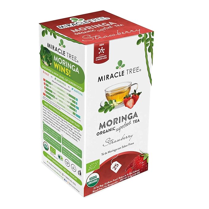 Miracle Tree - 6 Count of Organic Moringa Superfood Tea, 25 Individually Sealed Tea Bags, Strawberry (Keto, Detox, Energy/Immunity Booster, Vegan, Gluten-Free, Organic, Non-GMO, Caffeine-Free)