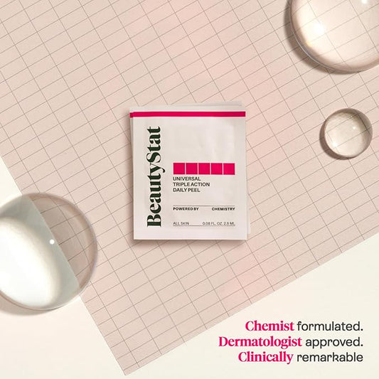 BeautyStat Triple Action One-Step Daily Exfoliating Peel Pad for Uneven Tone, Texture, Fine Lines, Enlarged Pores - Made in the USA - Gentle Exfoliator Pad with AHAs, BHAs, Glucosamine to Brighten