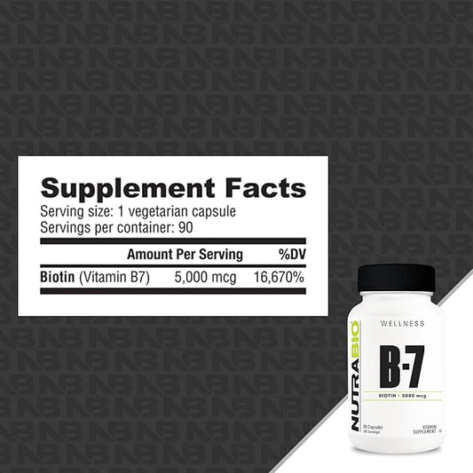 NutraBio Biotin (Vitamin B-7) Supplement, 5000mcg - May Help Promote Healthy Hair, Skin, and Nails, 90 Vegetable Capsules
