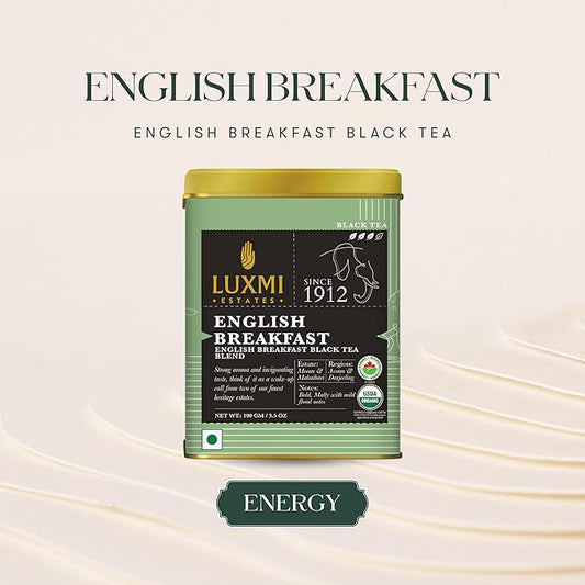 Luxmi Estates - Tale of Two Estates - Organic English Breakfast Tea - Loose Leaf - 100g (50 Cups) | Made with Organic Darjeeling & Assam Tea from India | Smooth, Flavorful, Robust and Caffeinated