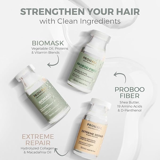 Prohall Cosmetic Ampollas Para el Cabello Maltratado Y Seco-Deep Conditioning Hair Mask for Damaged Hair Treatment - Hair Mask Protein Treatment - 3 Weeks - 3 Haircare Brazilian Ampoules Kit 1.5FLOz