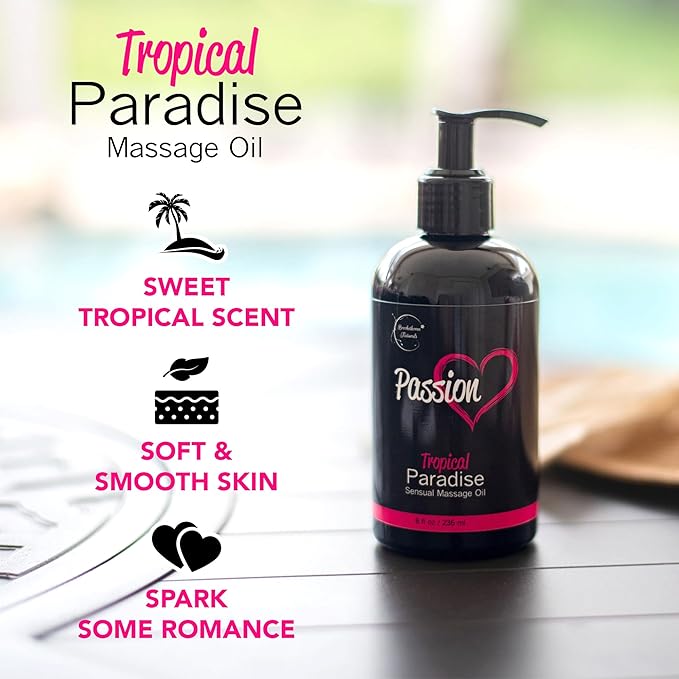 Passion Sensual Massage Oil for Date Night | 100% Natural Body Oil for Couples with Jojoba & Almond | Aromatherapy & Relaxing Massage Therapy | Perfect Glide & Smooth Skin | Tropical Paradise Scent