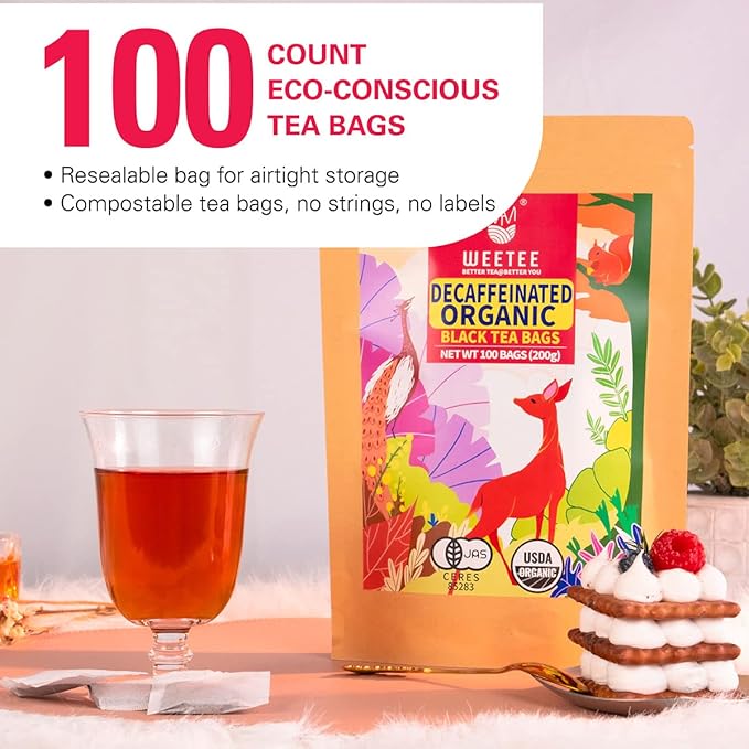 WT WEETEE Organic Decaf Black Tea Bags, Organic Decaffeinated Black Tea 200 Count | Smooth & Mild Taste | CO2-Decaffeinated | Resealable Kraft Bag