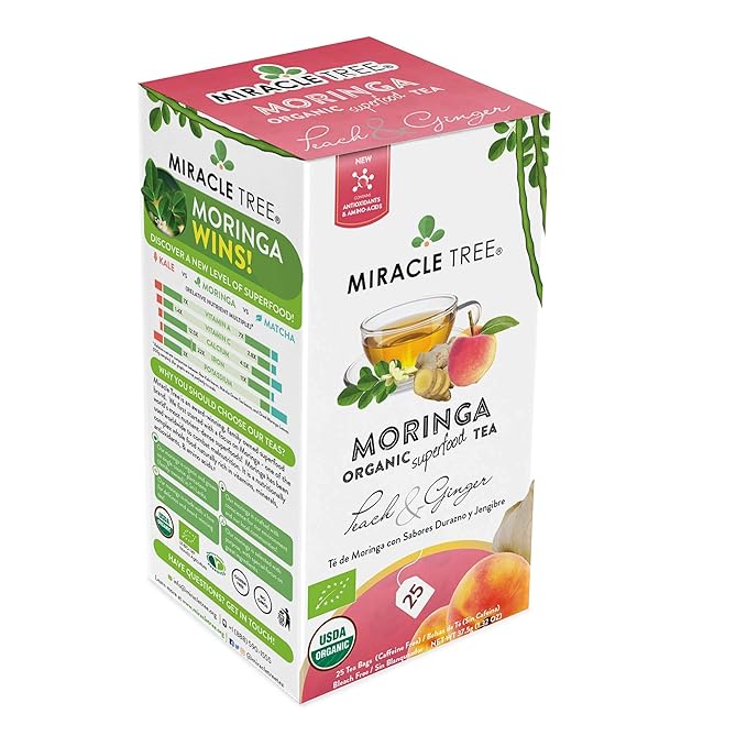 Miracle Tree - 3 Count of Organic Moringa Superfood Tea, 25 Individually Sealed Tea Bags, Peach & Ginger (Keto, Detox, Energy/Immunity Booster, Vegan, Gluten-Free, Organic, Non-GMO, Caffeine-Free)